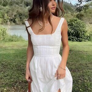 Commense Cotton Blend Solid Square Neckline Short Dress White Size Small